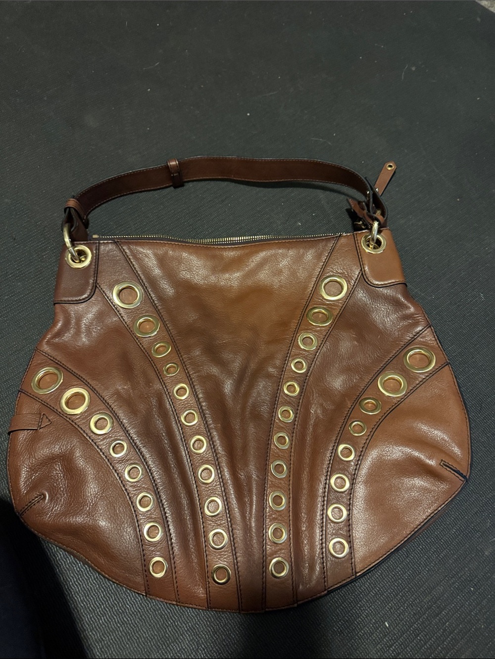 Cole Haan Brown Leather Shoulder Bag with Gold Eyelet Details